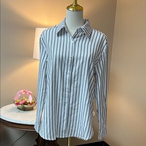 SHEIN White Black Vertical Stripe Button-Up Blouse